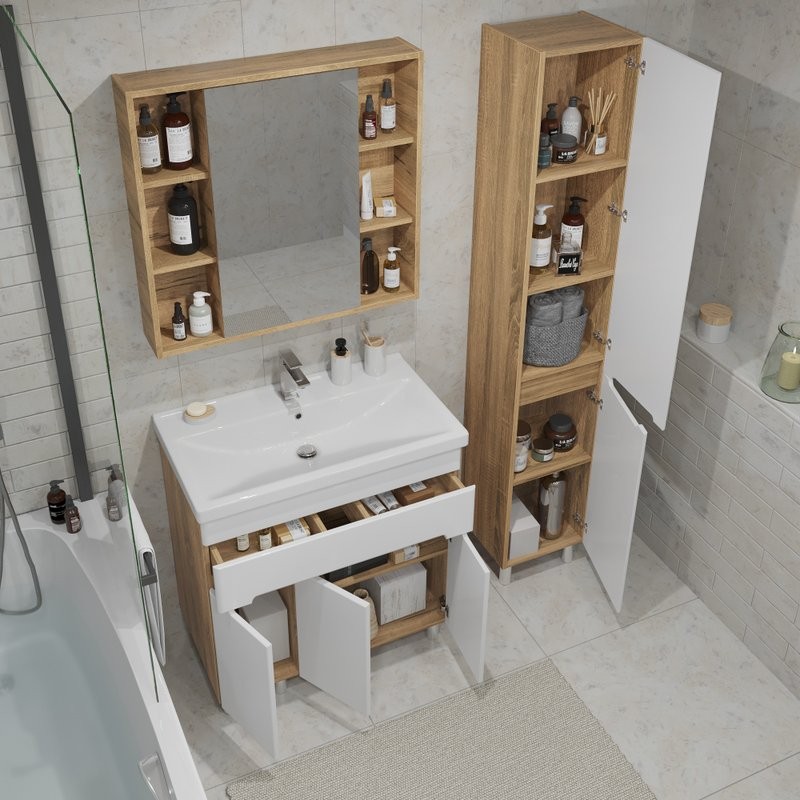 Тумба с раковиной SanStar Модена 80 напольная, глянцевая белая, дуб вотан, раковина Fest 80