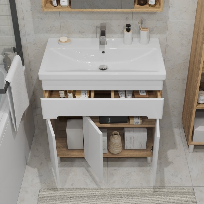 Тумба с раковиной SanStar Модена 80 напольная, глянцевая белая, дуб вотан, раковина Fest 80