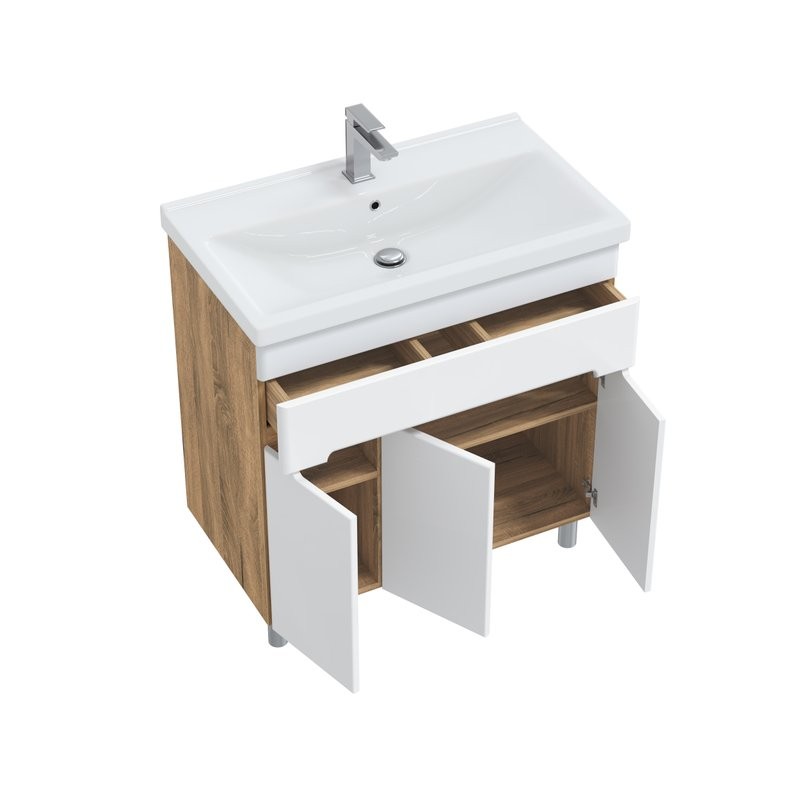 Тумба с раковиной SanStar Модена 80 напольная, глянцевая белая, дуб вотан, раковина Fest 80