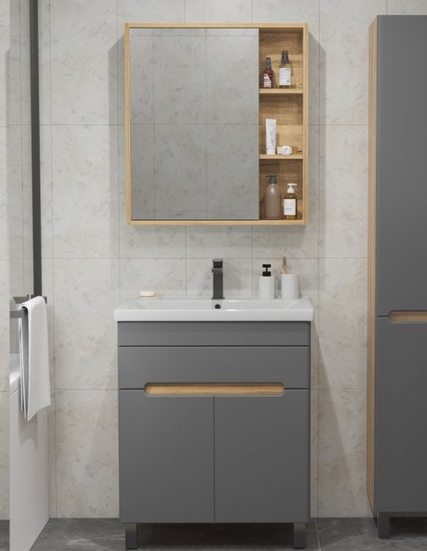 Мебель для ванной комнаты SanStar Модена 70 напольная, графит софт, дуб вотан, раковина Миранда 70