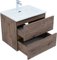 Тумба с раковиной Aquanet Алвита New 60 подвесная, дуб веллингтон табак, 2 ящика