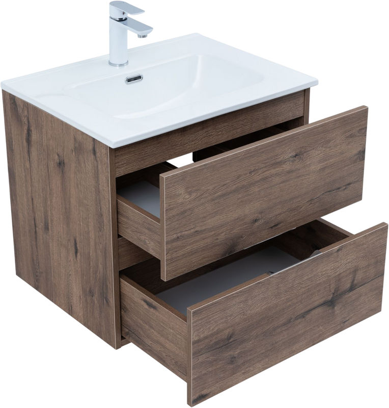 Тумба с раковиной Aquanet Алвита New 60 подвесная, дуб веллингтон табак, 2 ящика