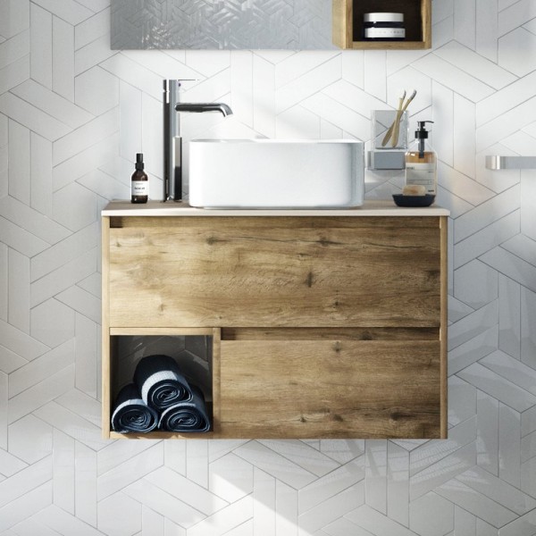 Тумба под раковину со столешницей STWORKI Карлстад 75 дуб рустикальный, простоун беж, с отверстием для смесителя