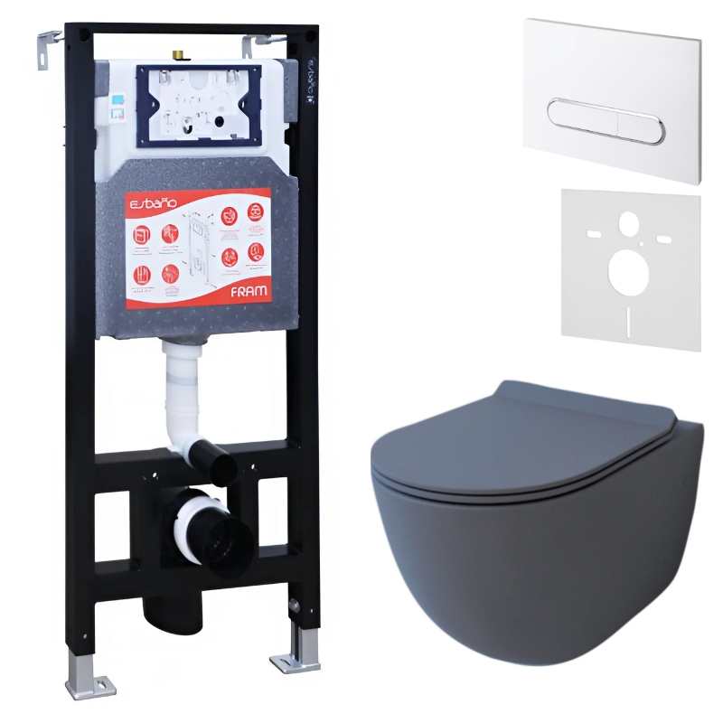 Комплект Унитаз подвесной Esbano Garcia ESUPGARCGM матовый серый + Инсталляция Fram + Кнопка ESINOVL17GW