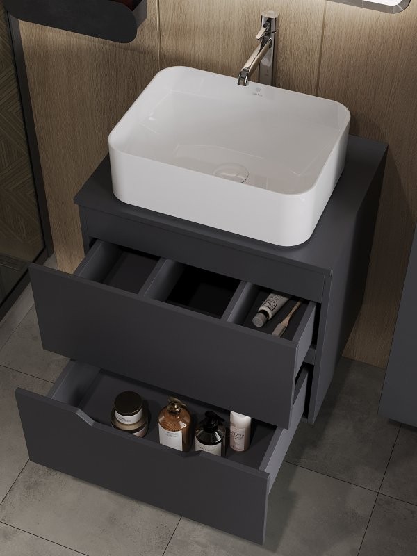 Тумба с раковиной Orange Line 60 подвесная, 2 ящика, матовый графит с раковиной B02-460W