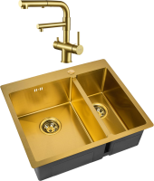 Комплект Мойка Zorg Inox PVD SZR-59-2-51-L BRONZE L, бронза + Смеситель Sanitary SZR-3216 Bronze бронза