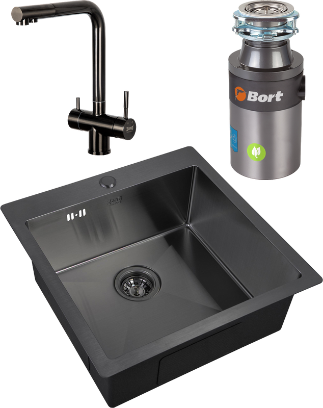 Комплект Мойка Zorg Inox PVD 5151 grafit + Смеситель Inox SZR-7039 GRAFIT графит + Измельчитель Bort Titan 4000 Plus
