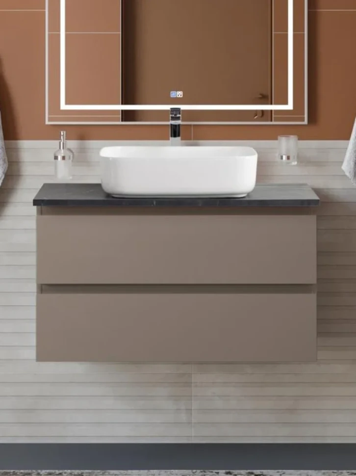 Тумба под раковину со столешницей BelBagno Kraft 90 подвесная, матовая бежевая, столешница kep-90-mno