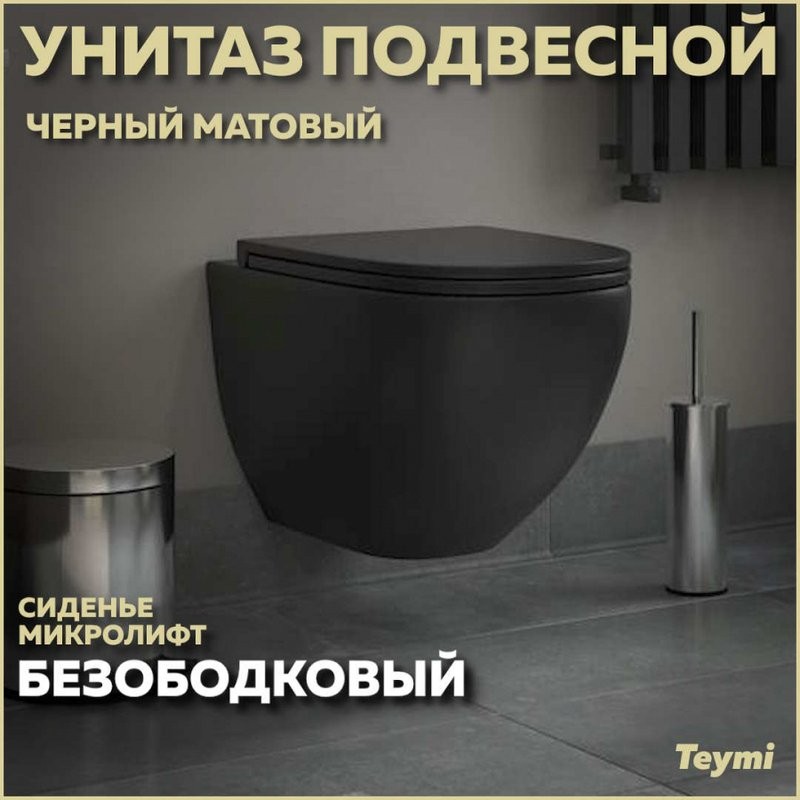 Унитаз подвесной Teymi Lina S T40111 с микрофлитом, безободковый, черный