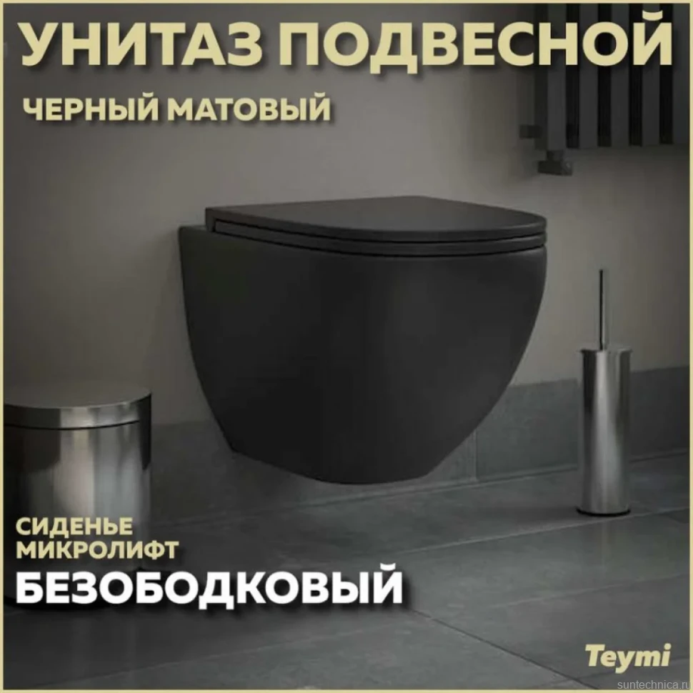 Унитаз подвесной Teymi Lina S T40111 с микрофлитом, безободковый, черный