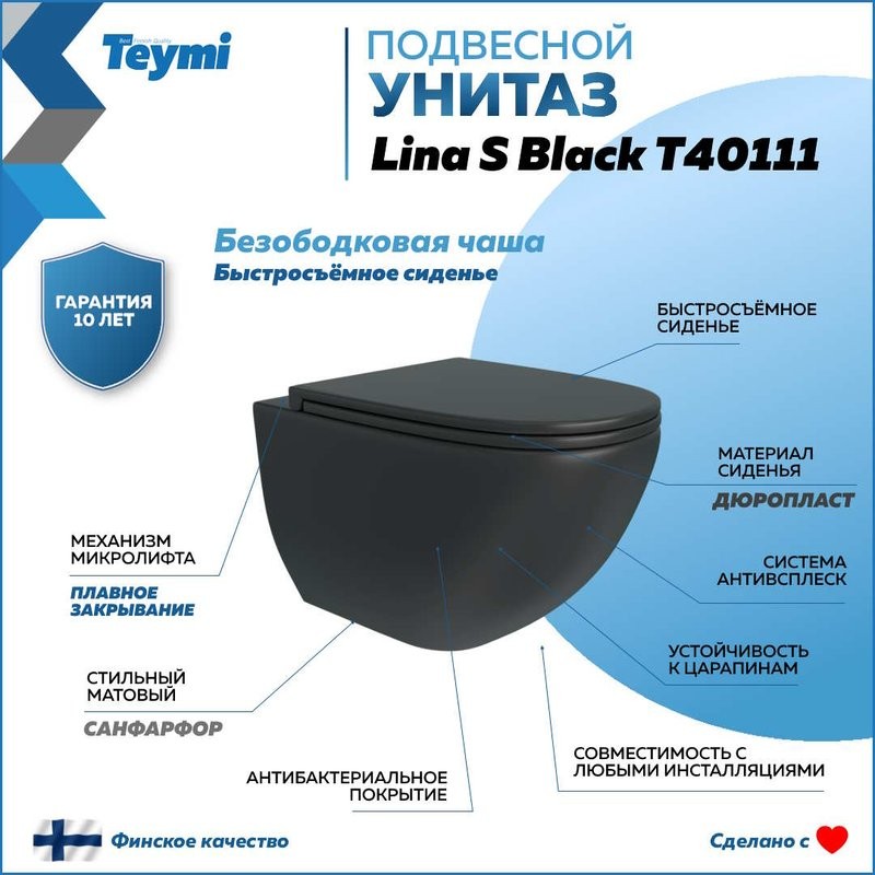 Унитаз подвесной Teymi Lina S T40111 с микрофлитом, безободковый, черный