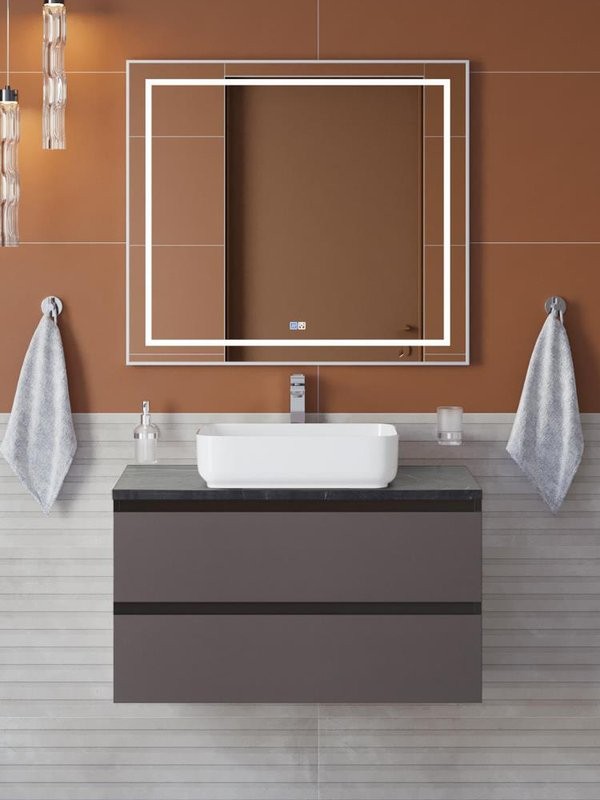 Мебель для ванной комнаты BelBagno Kraft 90 подвесная, матовая темно-серая, столешница kep-90-mno, раковина BB1304