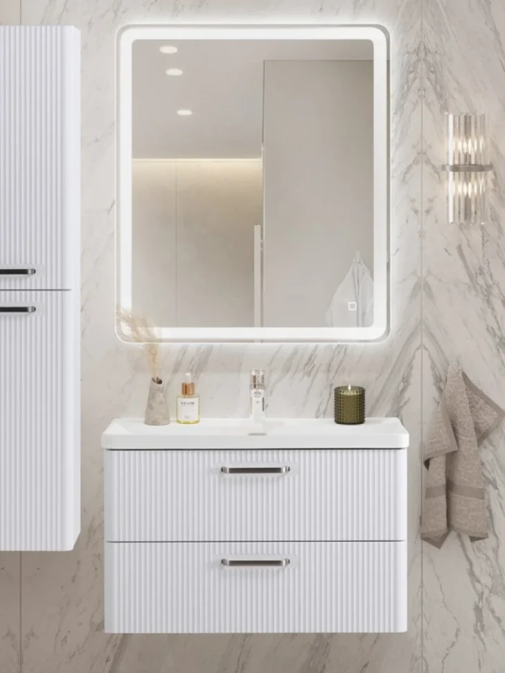 Тумба с раковиной BelBagno Due 80 ручки матовый атласный никель, bianco lucido