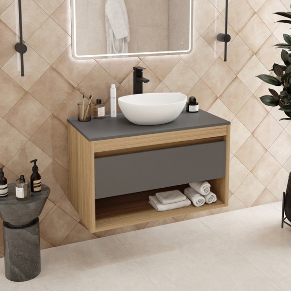 Тумба с раковиной Teymi Ritta 85 дуб эврика, матовый графит, раковина Lori 40