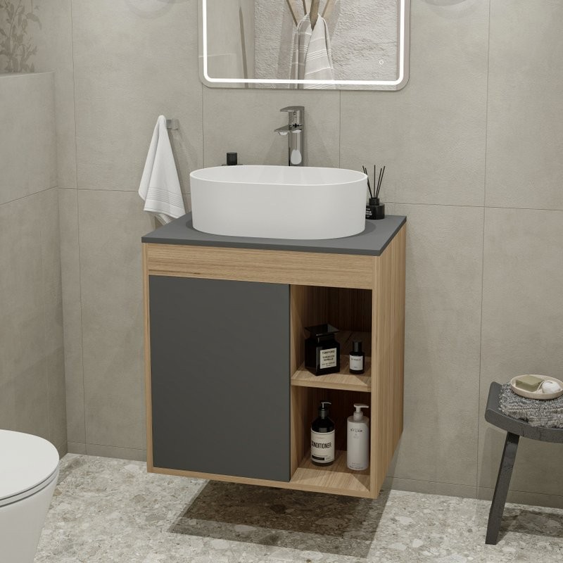 Тумба с раковиной Teymi Nura 60 дуб эврика, матовый графит, раковина Iva 46