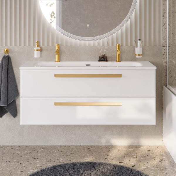 Тумба с раковиной Cezares Eco Cer-N 120 bianco opaco, раковина Eco 120-1-2, ручки сатиновое золото
