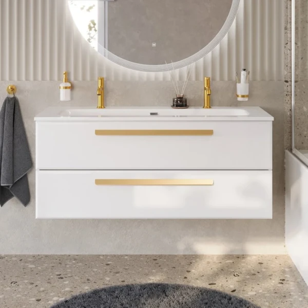Тумба с раковиной Cezares Eco Cer-N 120 bianco opaco, раковина Eco 120-1-2, ручки сатиновое золото