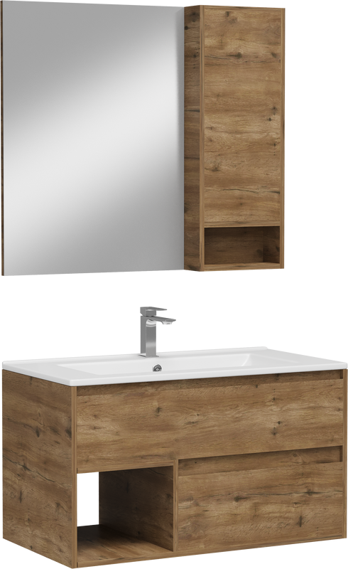 Мебель для ванной комнаты STWORKI Карлстад 90 дуб рустикальный, в стиле лофт, под дерево, подвесная, со смесителем (гарнитур, комплект)