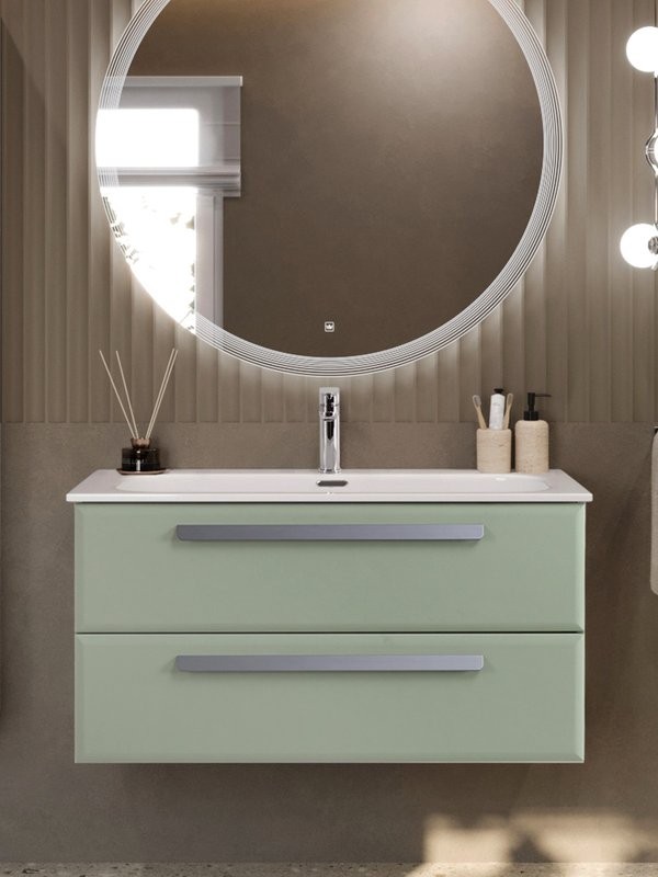 Тумба с раковиной Cezares Eco-Cer-N 100 светло-зеленая матовая, раковина CZR-8073-100, ручки серые