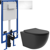 Комплект Унитаз подвесной Aqueduto Ovo OVO0140 безободковый, с микролифтом, черный матовый + Инсталляция STWORKI + Кнопка Хельсинки 500470 белая