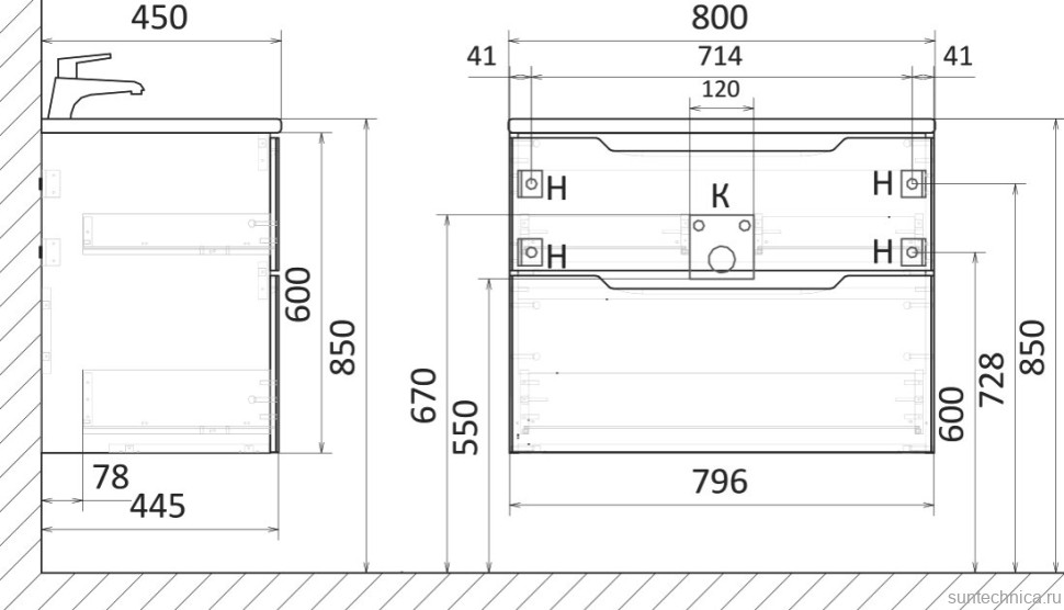 Тумба с раковиной Raval Wector 80, подвесная, антрацит
