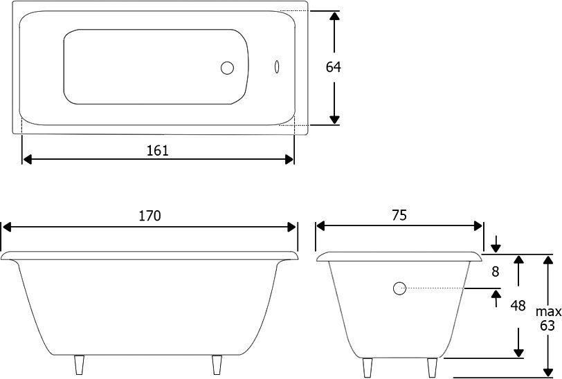 Чугунная ванна Castalia Prime S2021 170x75 см, пристенная, белая, на ножках