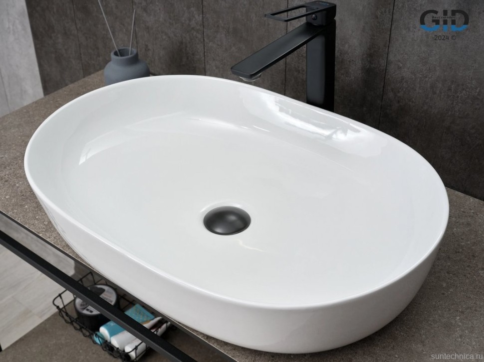Накладная раковина GID Lago D1348 61 глянцевая белая, овальная, фаянс
