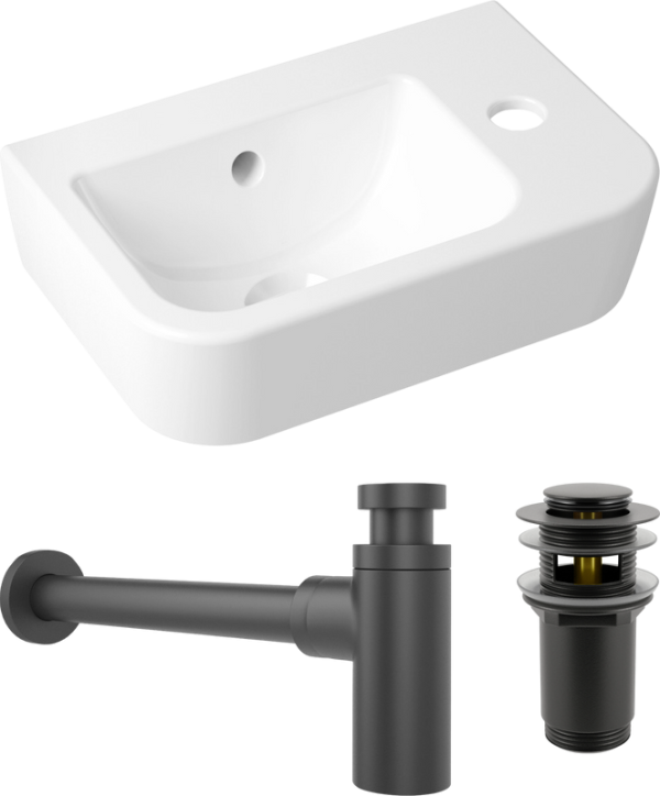 Комплект Раковина маленькая Lavinia Boho One 33310001R + Донный клапан Wellsee Drainage System 182130000 матовый черный + Сифон 182105000 матовый черный