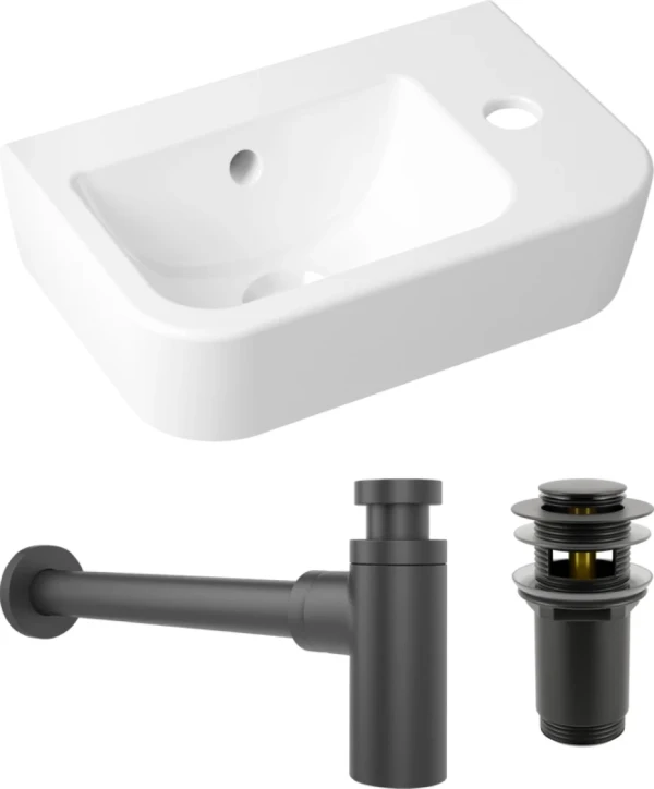 Комплект Раковина маленькая Lavinia Boho One 33310001R + Донный клапан Wellsee Drainage System 182130000 матовый черный + Сифон 182105000 матовый черный
