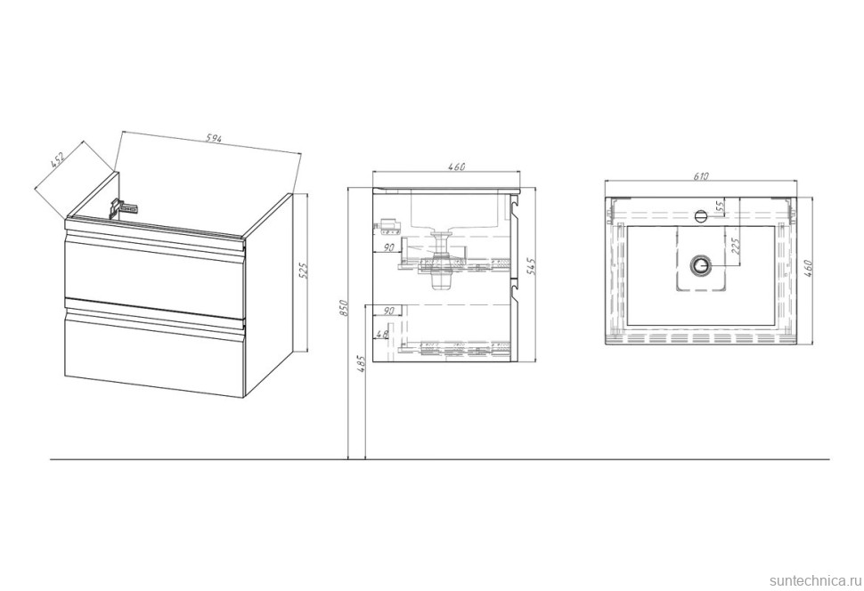 Тумба с раковиной AQUATEK Вега 60 подвесная, 2 ящика, серый туман