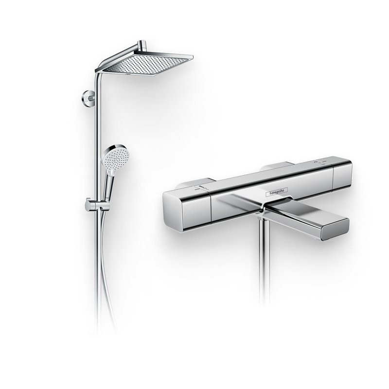 Душевой комплект Термостат Hansgrohe Ecostat E 15774000 для ванны с душем + Стойка Crometta E 240 1jet Showerpipe Reno 27289000 EcoSmart