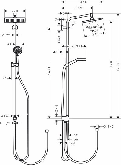 Душевой комплект Термостат Hansgrohe Ecostat E 15774000 для ванны с душем + Стойка Crometta E 240 1jet Showerpipe Reno 27289000 EcoSmart