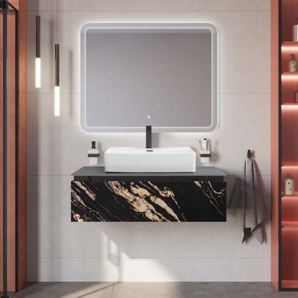 Мебель для ванной комнаты Cezares Slider 100 подвесная, 1 ящик, черный фьюжн, со столешницей marmo nero opaco