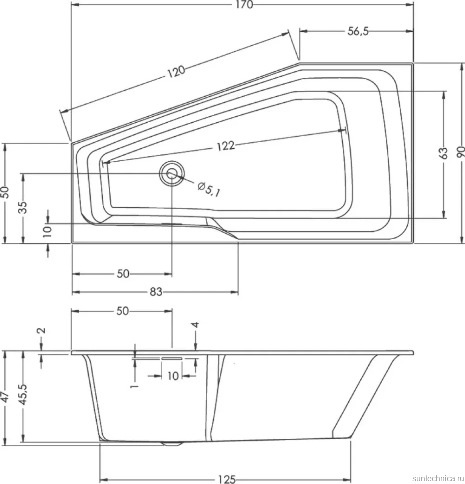 Акриловая ванна Riho Rething Space R 170x90 см, угловая, правая, встраиваемая, цвет европейский белый, пятиугольная, на ножках, со сливом-переливом
