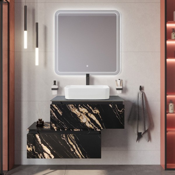 Мебель для ванной комнаты Cezares Slider 80 подвесная, 2 ящика, черный фьюжн, со столешницей marmo nero opaco