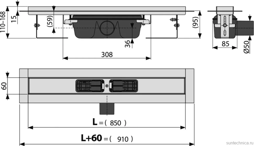 Душевой трап (лоток) AlcaPlast APZ1 APZ6S 850 85 см, решетка хром, под плитку