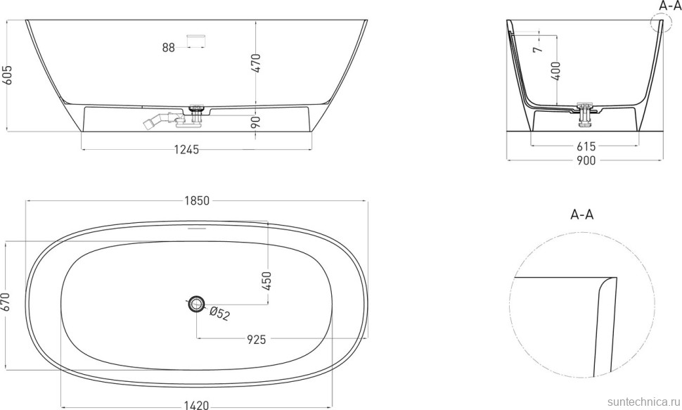 Ванна из искусственного камня Salini Sofia S-Sense 185x90 см, отдельностоящая, белая, овальная, со сливом-переливом, с донным клапаном