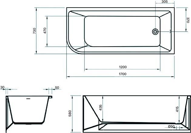 Акриловая ванна BelBagno BB712-1700-730-R 170x75 см, правая, пристенная, белая, асимметричная, на ножках, со сливом-переливом, с донным клапаном