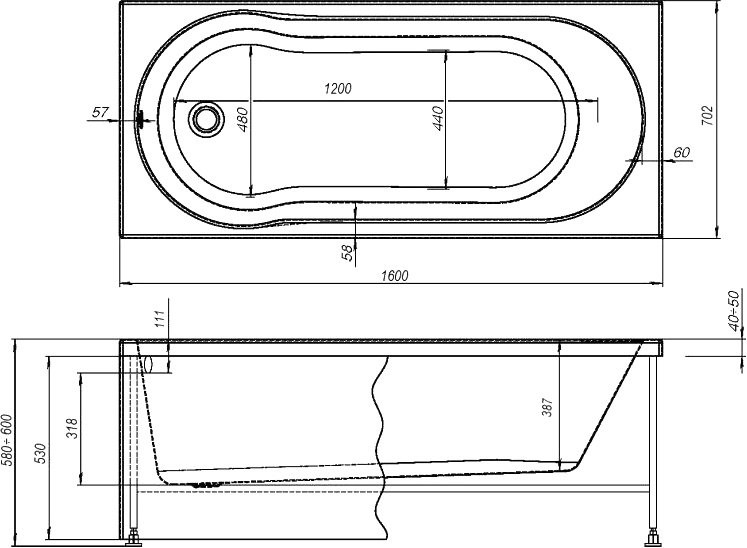 Акриловая ванна Aquanet Light 243871 160x70 см, пристенная, белая, с каркасом