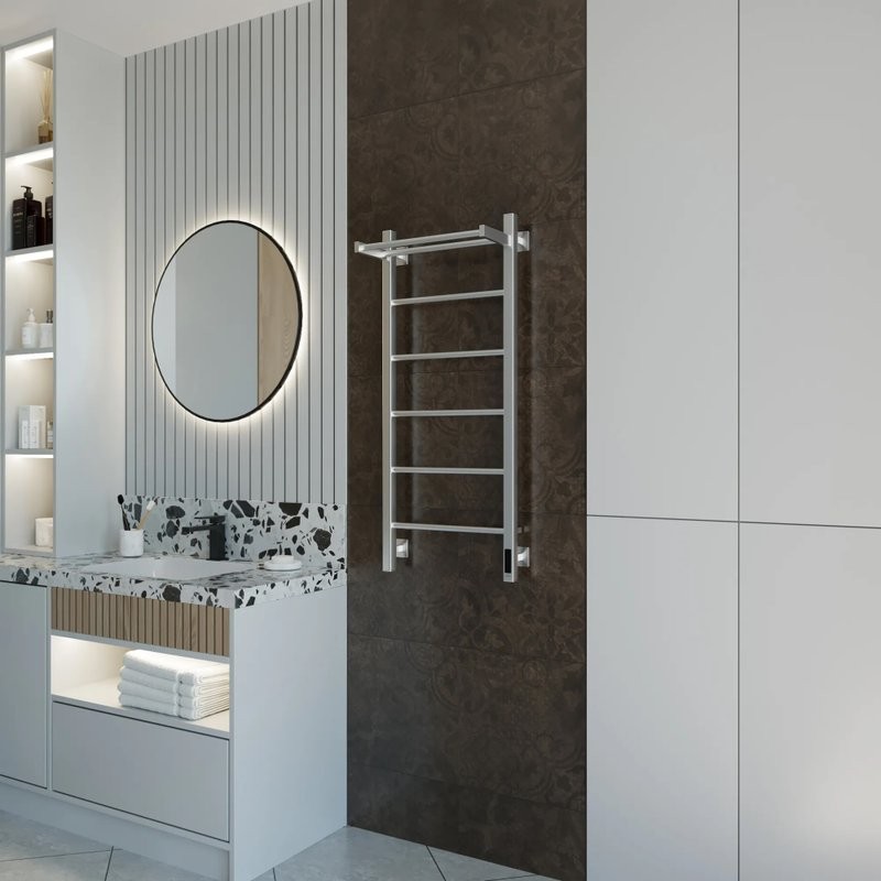 Полотенцесушитель электрический Grota App 430х1000 NM EL 100x45 см, подключение справа, слева, скрытое подключение справа, матовый хром, лесенка, с полкой