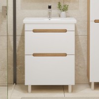 Тумба с раковиной SanStar Diva 50 напольная, матовая белая, дуб вотан, раковина Moduo 50