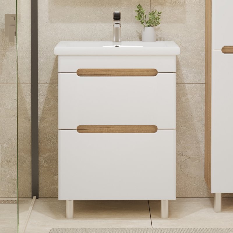 Тумба с раковиной SanStar Diva 50 напольная, матовая белая, дуб вотан, раковина Moduo 50