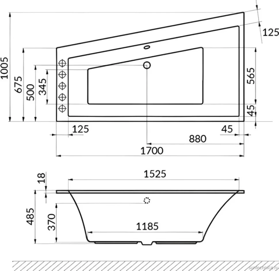 Акриловая ванна Excellent Sfera Slim Line L 170x100 см, угловая, левая, встраиваемая, с гидромассажем, белая, асимметричная, с каркасом, со сливом-переливом, фурнитура бронза
