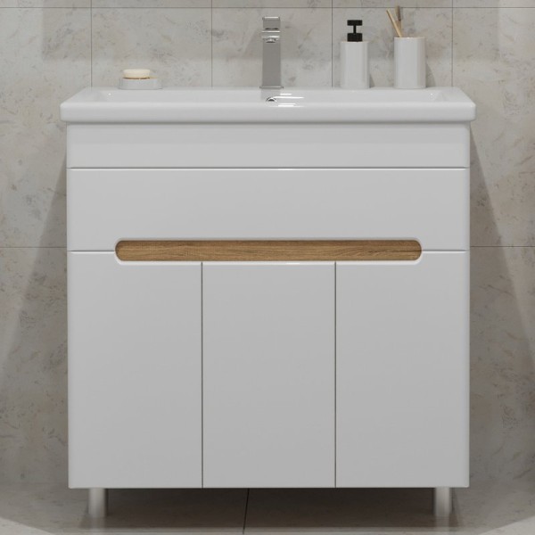 Тумба с раковиной SanStar Модена 80 напольная, глянцевая белая, дуб вотан, раковина Como 80