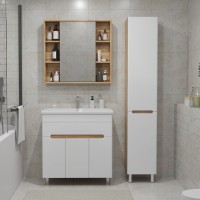 Тумба с раковиной SanStar Модена 80 напольная, глянцевая белая, дуб вотан, раковина Como 80