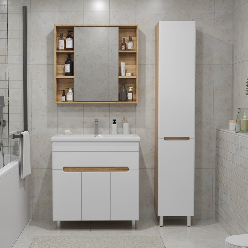 Тумба с раковиной SanStar Модена 80 напольная, глянцевая белая, дуб вотан, раковина Como 80