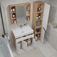 Тумба с раковиной SanStar Модена 80 напольная, глянцевая белая, дуб вотан, раковина Como 80