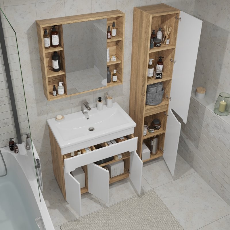 Тумба с раковиной SanStar Модена 80 напольная, глянцевая белая, дуб вотан, раковина Como 80