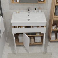 Тумба с раковиной SanStar Модена 80 напольная, глянцевая белая, дуб вотан, раковина Como 80