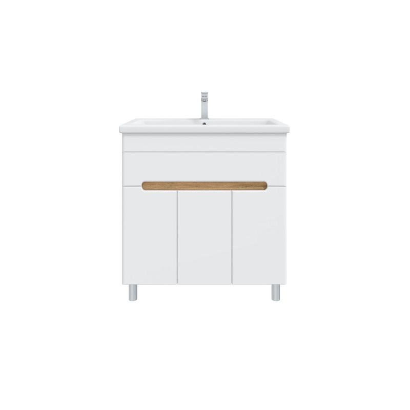 Тумба с раковиной SanStar Модена 80 напольная, глянцевая белая, дуб вотан, раковина Como 80